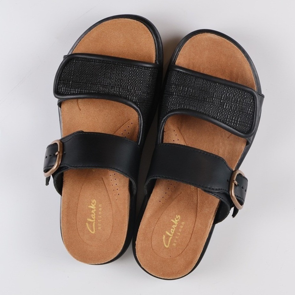 Clarks Arwell Step Slide Sandals Black Leather Textile 7 Wide NEW